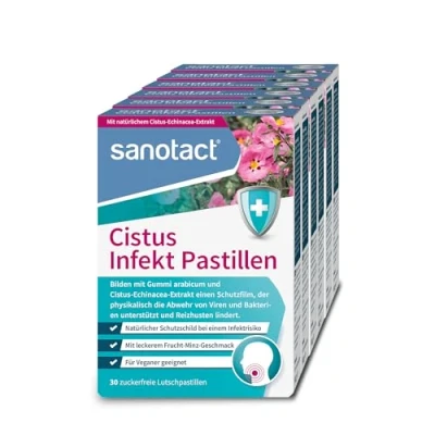 Abbildung von sanotact Cistus Infekt Pastillen (6 x 30 Lutschpastillen) Echinacea Extrakt + Gummi arabicum Zur Unterstützung der Abwehr von Viren &amp; Bakterien Lindern Reizhusten