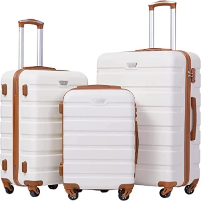 Abbildung von COOLIFE Hartschalen Koffer Trolley Rollkoffer Reisekoffer ardschale Boardcase Handgepäck mit TSA Schloss und 4 Rollen (Weiß/Braun, Set)