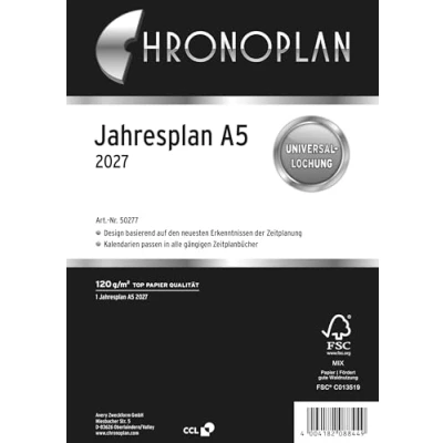 Abbildung von Chronoplan 50277 Kalendereinlage 2027 (Jahresplan A5 (148x210mm) Ersatzkalendarium für Terminplaner, übersichtliche Jahresplanung, 1 Monat auf Seite zum Aufklappen mit Leporello Falzung) weiß