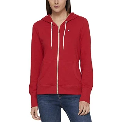 Abbildung von Tommy Hilfiger Damen Kapuzenjacke aus French Terry mit Reißverschluss, einfarbig Kapuzenpullover, Scharlachrot, M