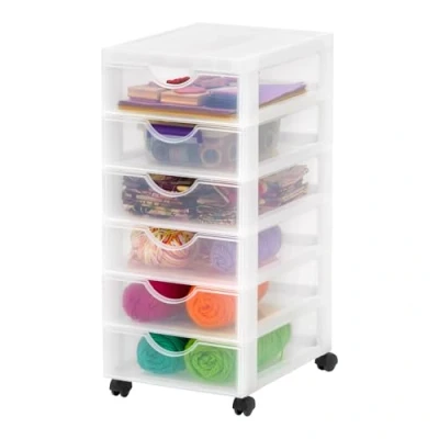 Abbildung von Iris Ohyama Kunststoff Schubladenbox mit Rollen, 6 flachen Schubladen, Mattweiß, Griffe zum Ziehen, Für Schlafzimmer, Schule &amp; Büro, BPA frei, Schubladenschrank, Rollcontainer, A4 Drawer, DDDC 360