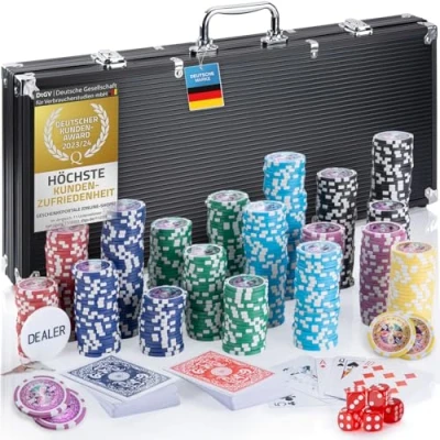 Abbildung von Profi Pokerkoffer Pokerset inkl. 300 500 Chips hochwertigen Pokerchips; Pokerdeck, Kartendeck, Pokerkarten, Würfel, Dealer Button; abschließbar Alu Koffer; Casino für Zuhause (Schwarz, Chips)
