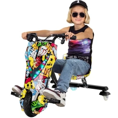 Abbildung von Actionbikes Motors Kinder Elektro Driftscooter 𝟐𝟓𝟎 Watt Motor Drift Cart 360 3 Geschwindigkeitsstufen LED Beleuchtung Sitz verstellbar Bluetooth Kart Auto (Grafit Gelb)
