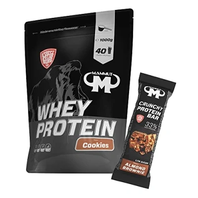 Abbildung von 1kg Mammut Whey Protein Eiweißshake Set inkl. Shaker, Riegel, Powderbank oder Tasse (Cookies, Bar Almond Brownie)