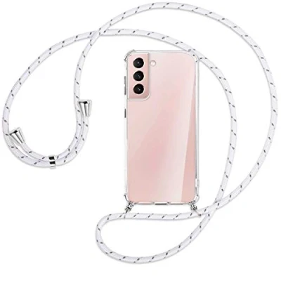 Abbildung von mtb more energy® Handykette kompatibel mit Samsung Galaxy S21 Plus, S21+ 5G (SM G996, 6.7&#039;&#039;) weiß+grau gestreift Smartphone Hülle zum Umhängen Anti Shock Full TPU Case