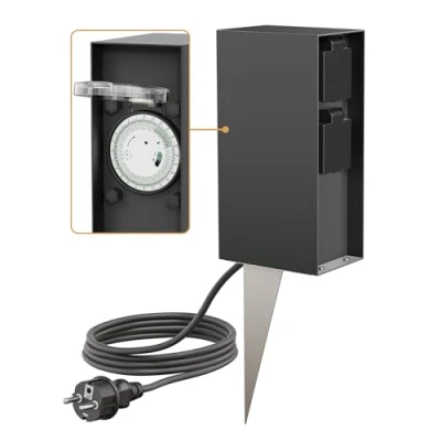 Abbildung von ledscom.de Garten Steckdosensäule POMI mit Erdspieß und 2m Kabel für außen, IP44, Timer/Zeitschaltuhr, 2 Fach, anthrazit, eckig, 23cm