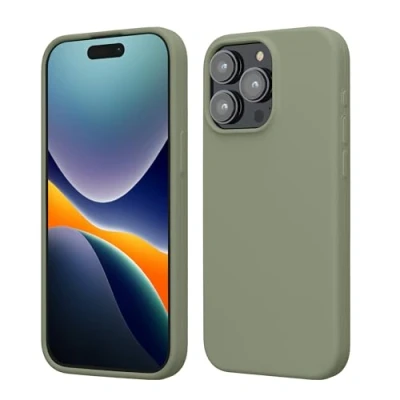 Abbildung von kwmobile Hülle für das iPhone 15 Pro Max Silikon Handy Case stoßfeste Handyhülle mit weicher Oberfläche Graugrün