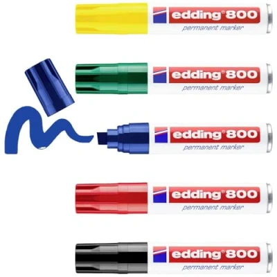 Abbildung von edding 800 Permanentmarker mehrfarbig 5 Stifte Keil Spitze 4 12 mm für breite Markierungen wasserfest, schnell trocknend, wischfest Karton, Kunststoff, Holz, Metall, Glas