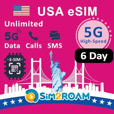 Abbildung von USA Prepaid eSIM KarteUnbegrenzte 5G/4G Daten in den (einschließlich Hawaii)+Low Speed Kanada und MXUnbegrenzte Anrufe SMS zwischen USA, CA MXWiederaufladbar (6 Tage)
