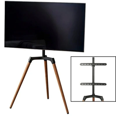 Abbildung von Hama TV Ständer im Staffelei Design (stabiler Fernsehständer für 32 65 Zoll, höhenverstellbarer Stand als Tripod, kompaktes Stativ, VESA kompatibler Bodenständer) Echtholz, Buche