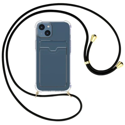 Abbildung von mtb more energy® Handykette mit Kartenfach kompatibel iPhone 15 schwarz/Goldfarbene Ösen Smartphone Hülle zum Umhängen Anti Shock Full TPU Case