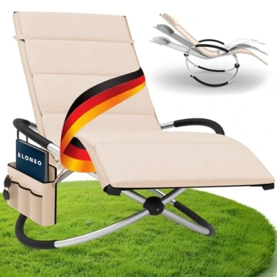 Abbildung von ELONEO Schaukelliege Outdoor mit Tasche und Auflage, Relaxliege bis 180 kg Belastbarkeit, Schaukelsessel Outdoor, Liegestuhl wetterfest, Sonnenliege für Garten Balkon, Creme/Creme