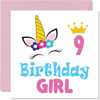 Abbildung von Geburtstagskarte zum 9. Geburtstag Mädchen Einhorn Happy Birthday Karte 9 Jahre altes Geburtstagskarten sie 145 mm x Grußkarte Tochter Nichte Enkelin Kinder