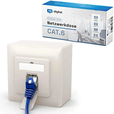 Abbildung von hb digital 1X CAT 6 Netzwerkdose für CAT.8 CAT.7 CAT.6A CAT.6 CAT.5 Verlegekabel mit RJ45 Port Aufputz / Unterputz Datendose Universal EIA/TIA 568A&amp;B 8P8C Gigabit Ethernet RAL9010 Reinweiß