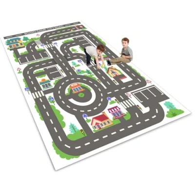 Abbildung von ZFHNYJWKL Kinder spielteppich Auto Jungen &amp; Mädchen Teppich Straßenteppich Bauteppich Stadtstadt Lernbereich Pädagogischer Antirutsch für Kinderzimmer Grau Blau Grün(F,90X150CM)