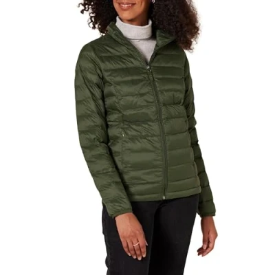 Abbildung von Amazon Essentials Damen Leichte, langärmelige, Wasserabweisende, packbare Pufferjacke (in Übergröße erhältlich), Olivgrün, L