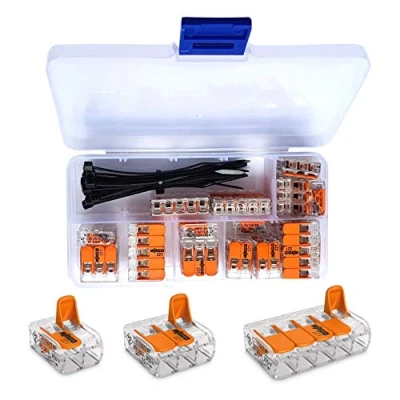 Abbildung von intervisio Sortimentsbox mit WAGO Klemmen 25 Stück Set Sortiment 10x 221 412 413 5x 415 und 10 Kabelbinder 80mm x 2,5mm