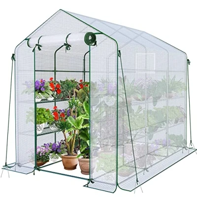 Abbildung von VOUNOT® Gewächshaus Foliengewächshaus, begehbares Gartenhäuschen mit 12 Regalebenen, Tomatenhaus Tomatengewächshaus, Weiß 143x215x195cm