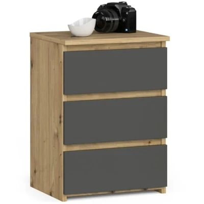 Abbildung von AKORD Nachttisch Kommode CL 3 mit Schubladen für das Wohnzimmer Schlafzimmer Schrank Büro Arbeitszimmer B40 x H57 T35 cm, Gewicht 26 kg Artisan Eiche &amp; Graphitgrau Front