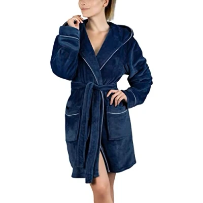 Abbildung von Gräfenstayn Damenbademantel Bademantel Damen flauschig Kapuze Kuschelfleece Blau, warm &amp; kuschelig, Knielang, Fronttaschen, Gürtel, S XXL