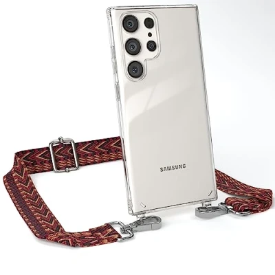 Abbildung von EAZY CASE Handykette Verstellbarer Trageriemen kompatibel mit Samsung Galaxy S23 Ultra, dünner Riemen, Festivalbag transparentem Cover, zum Umhängen, Rot/Braun Verschluss Silber