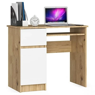 Abbildung von AKORD Piksel Schreibtisch Klein mit Schubladen Computertisch Bürotisch Tastaturablage Schublade und Fach Tür B90 x H77 T50 cm 30 kg Schrank Links Farbe: Artisan Eiche Weiß
