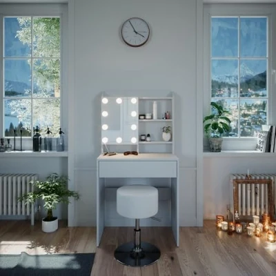 Abbildung von Vicco Schminktisch Laura, Weiß, 70 cm mit LED Beleuchtung und Hocker