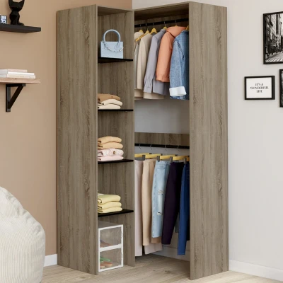 Abbildung von Modularer Eckkleiderschrank B. 90 / 127 cm MELMAN doppelter Kleiderschrank + Regale aus Holz und Schwarz IDMarket