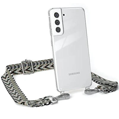 Abbildung von EAZY CASE Handykette Verstellbarer Trageriemen kompatibel mit Samsung Galaxy S21 FE 5G, Handykordel Schutzhülle durchsichtig, Riemen für Handyketten, Grün/Schwarz Metall Silber
