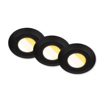 Abbildung von BRILONER 3er Set LED Bad Einbaustrahler 230V Gehäuse 50% recycelt, Farbtemperaturwechsel, IP44, Ra90, Spot, flach, Deckenspots, Einbauleuchten, Badezimmer, 68mm, 90x30mm (DxH), Schwarz