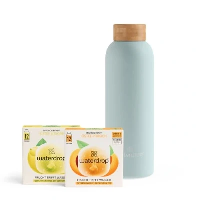 Abbildung von waterdrop® Microdrink Eistee Set, Ice Tea Drops Würfel Pfirsich &amp; Zitrone mit Edelstahl Trinkflasche 600ml, Zero Zucker, Geschmack für Wasser