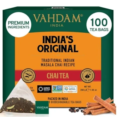 Abbildung von VAHDAM, Indischer Original Masala Chai Teebeutel (100 Pyramiden teebeutel) 100% Natürliche Gewürze Schwarzer Tee, Kardamom, Zimt, Pfeffer &amp; Nelken Gemischt Verpackt In Indien