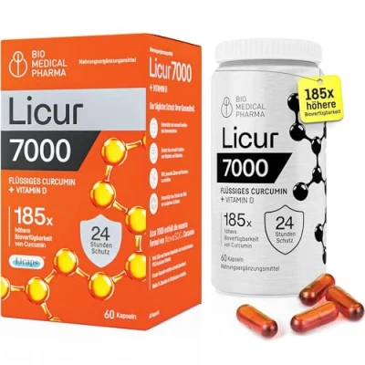 Abbildung von Kurkuma Kapseln mit Vitamin D3 185x Höhere Bioverfügbarkeit Hochdosiertes Mizellen Curcumin 1 Kapsel Täglich Entspricht 6.600 mg Pulver Licur 7000 D (2 Monatspackung)