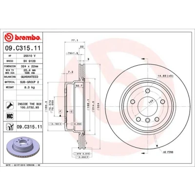 Abbildung von BREMBO COATED DISC LINE 09.C315.11 Bremsscheibe 324 22 5 innenbelüftet beschichtet hochgekohlt mit Schrauben BMW: 1 Coupe, Cabrio