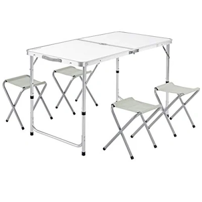 Abbildung von CASARIA® Klapptisch Wetterfest Höhenverstellbar Campingtisch mit Stühlen Gartentisch Falttisch 120x60cm Klappbar leicht transportabel 4 Personen Weiß