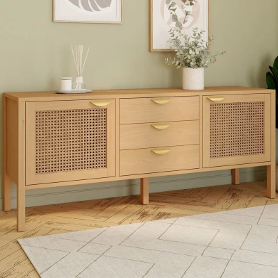 Abbildung von Niedriges Sideboard 140 cm EDHEN 2 Türen und 3 Schubladen Holz Rohrgeflecht IDMarket