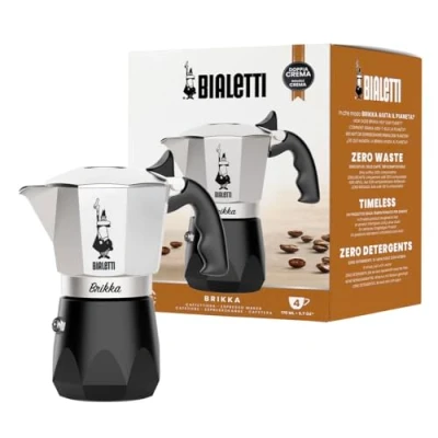 Abbildung von Bialetti Brikka, Mokka Kanne, 0,17 l, Schwarz, Edelstahl, Aluminium, 4 Tassen, Thermoplast