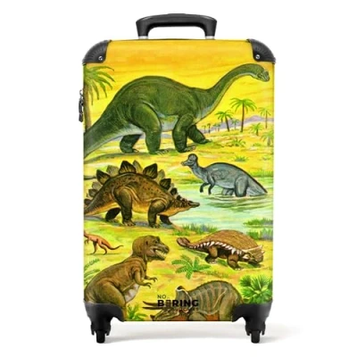 Abbildung von NoBoringSuitcases.com© Kinderkoffer Dino Illustration Gelb Jungen 55x35x20cm, 4 Rollen, Handgepäck Koffer, Hartschalenkoffer Kinder,