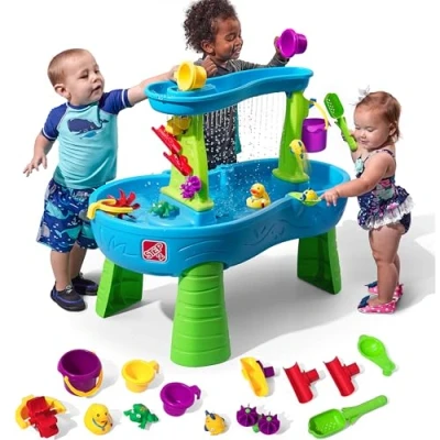 Abbildung von Step2 Rain Showers Wasserspieltisch Großer Wassertisch mit 13 teiligem Zubehörset Garten Wasser Spieltisch für Kinder in Blau und Grün..