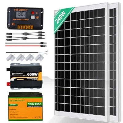 Abbildung von ECO WORTHY 240W Solaranlage Komplettset Inselanlage netzunabhängiges Kit für Wohnmobil : 2 Stücke 120W Solarmodul + 30A Laderegler 1 50Ah Lithiumbatterie 600W Sinuswechselrichter