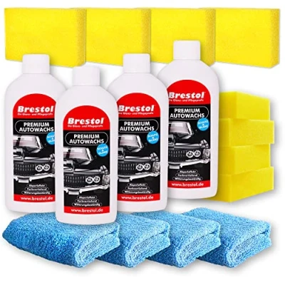 Abbildung von Brestol LACKVERSIEGELUNG Set6 (4X 500 ml + Zubehör) mit Carnaubawachs Hartwachspolitur Autopolitur Hartwachs Abperleffekt Abperl Effekt Nano streusalzbeständig