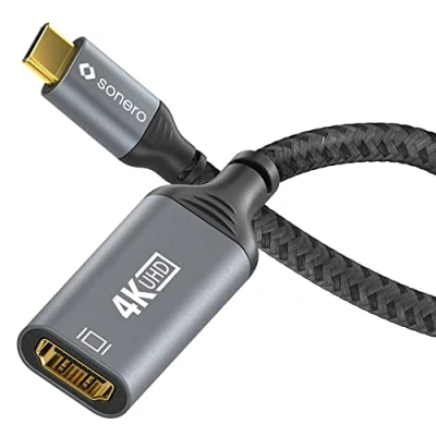 Abbildung von Sonero® 4K USB C auf HDMI Adapter, Buchse Stecker, 60Hz, 18GB/s, Baumwollmantel, grau/schwarz, 0,10 Meter