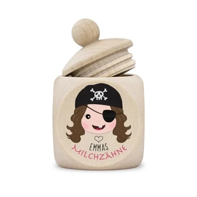 Abbildung von Zahndose Milchzähne Mädchen modern Dose Holz personalisiert Druck Name Piratin