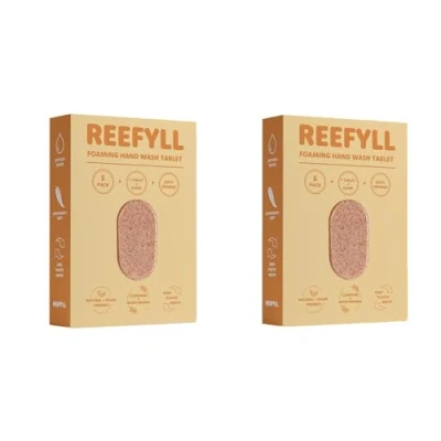 Abbildung von Reefyll Schaumseife Nachfülltabletten, auflösbare plastikfreie Handwasch Kapseln, füge einfach Wasser hinzu, um sie in samtigen Schaum zu verwandeln, saftiger Orangenduft, 5 Tabletten Duo Pack