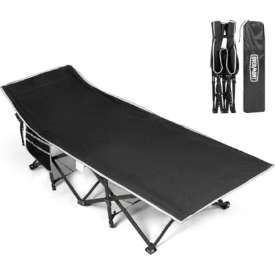 Abbildung von OVERMONT Klappbar Feldbett Faltbar Campingbett Camping Bett 190 x 71 36 cm bis 250kg Belastbar 2400D Oxfordgewebe mit Seitentasche Tragetasche für Garten Büro Schwarz