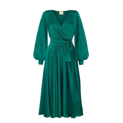 Abbildung von Swing Fashion Midikleid Damen Elegantes Kleid Festliches Partykleid Abendkleid Hochzeitskleider Abschlussballkleid Ballkleid V Ausschnitt Langarm Grün 42 (XL)