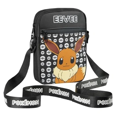 Abbildung von Pokemon Kinder Umhängetasche, Pikachu Reisetasche mit Verstellbarer Schultergurt, Großes Hauptfach Reißverschluss Geschenke (Schwarz Evoli)