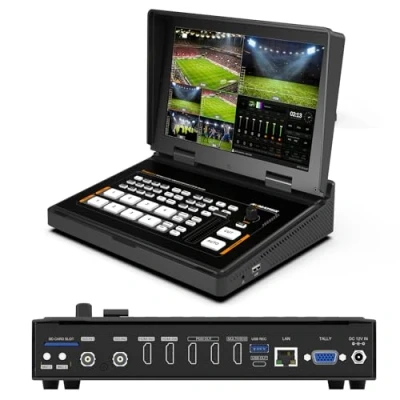 Abbildung von AVMATRIX Multi Kamera Video Umschalter Mixer 4CH SDI/HDMI in, Switcher mit 10.1 Zoll Bildschirm/USB und SD Card aufzeichnen, Ethernet USB Ausgänge für Echtzeit Live Streaming (Shark S4 Plus)