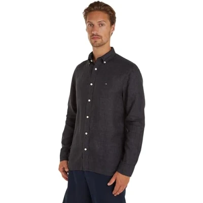 Abbildung von Tommy Hilfiger Herren Hemd Leinenhemd, Schwarz (Black), XS