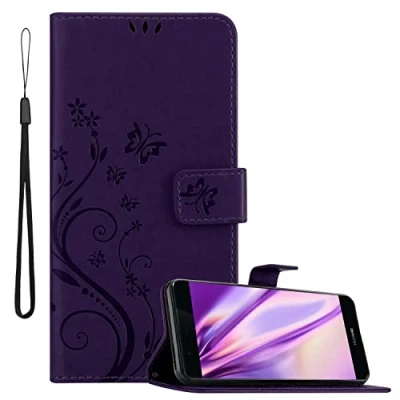 Abbildung von Cadorabo Hülle kompatibel mit Huawei P9 Blumen Design aus Premium Kunst Leder Flip Klappbare Stoßfeste Magnetische [Standfunktion] [Kartenfächern] Cover für Tasche in Lila